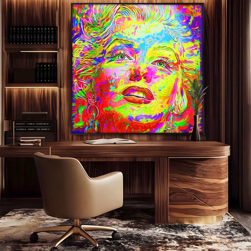 Tablou canvas cu tablou canvas cu marilyn monroe policroma, in rama de aluminiu negru, pe perete intr-un birou
